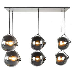 Hanglamp Orb met een zwarte plafondplaat en zes glazen bollen van zwart glas met verschillende afmetingen te koop bij Afrit 29.