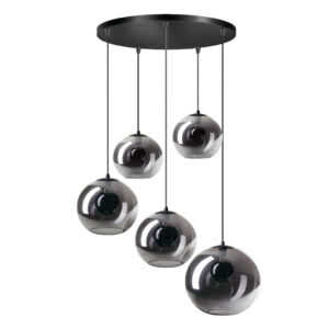 Hanglamp Orb met een zwarte plafondplaat en 5 glazen bollen van verschillende grootte.